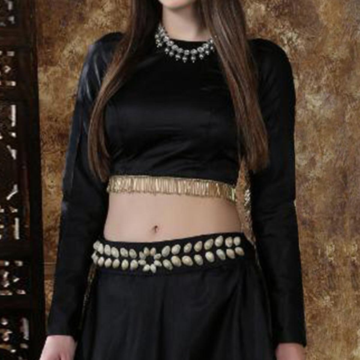 Amazing Black Colored Partywear Tapetta-Satin Lehenga Choli - Peachmode