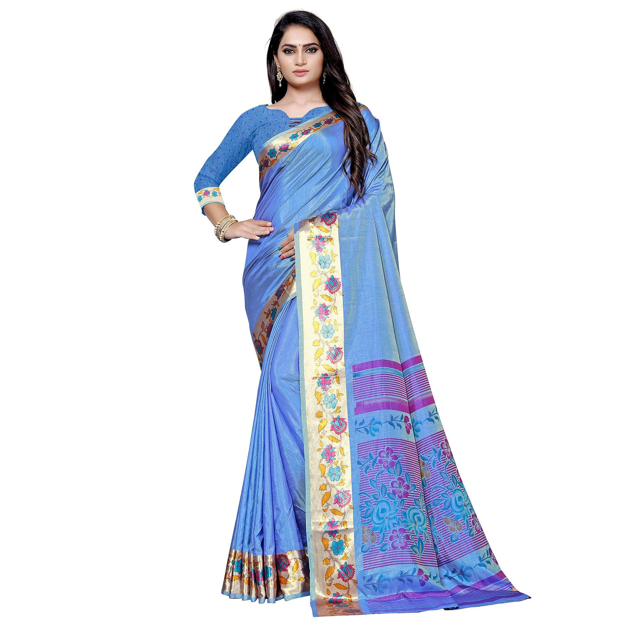 Amazing Blue Colored Casual Printed Art Silk Saree - Peachmode