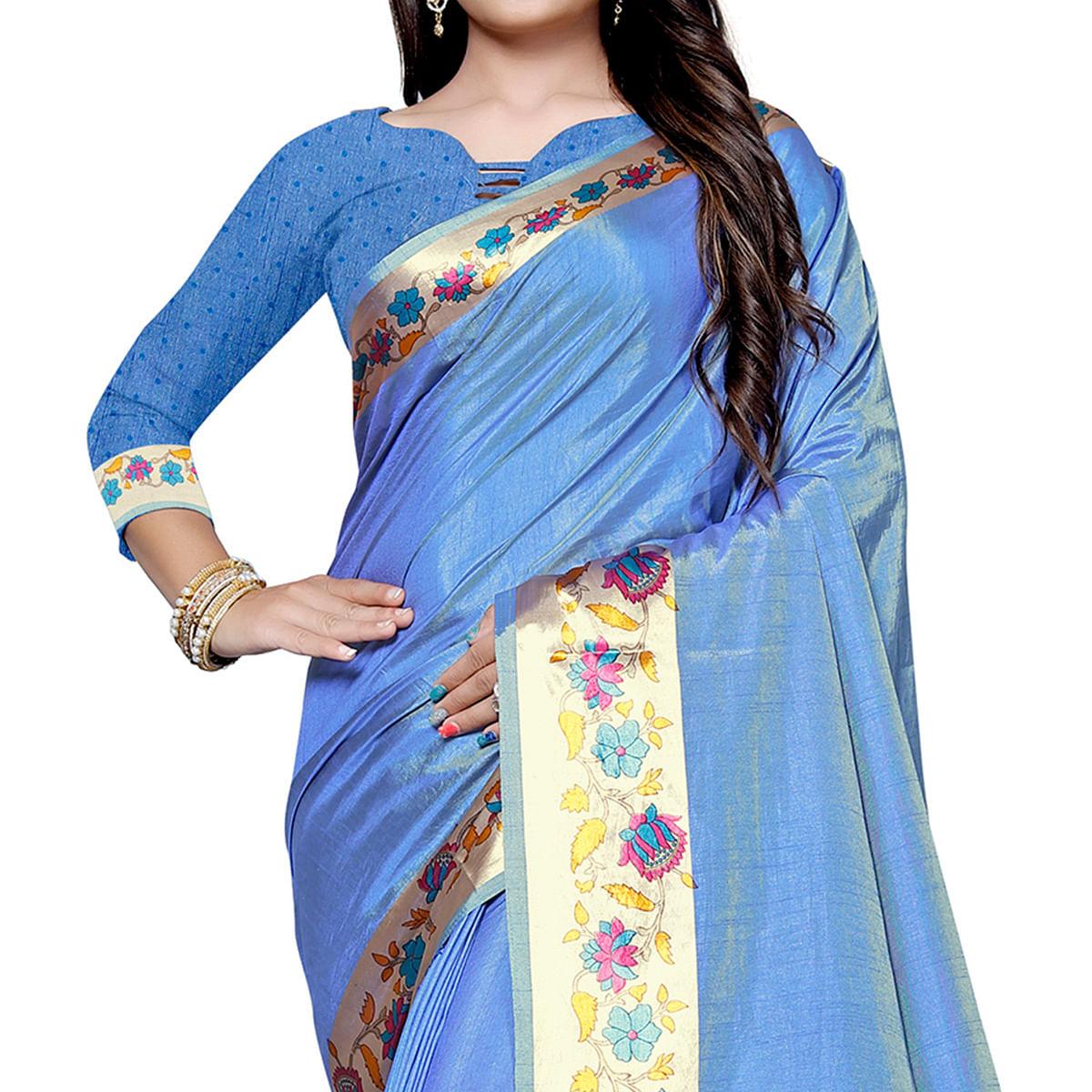 Amazing Blue Colored Casual Printed Art Silk Saree - Peachmode