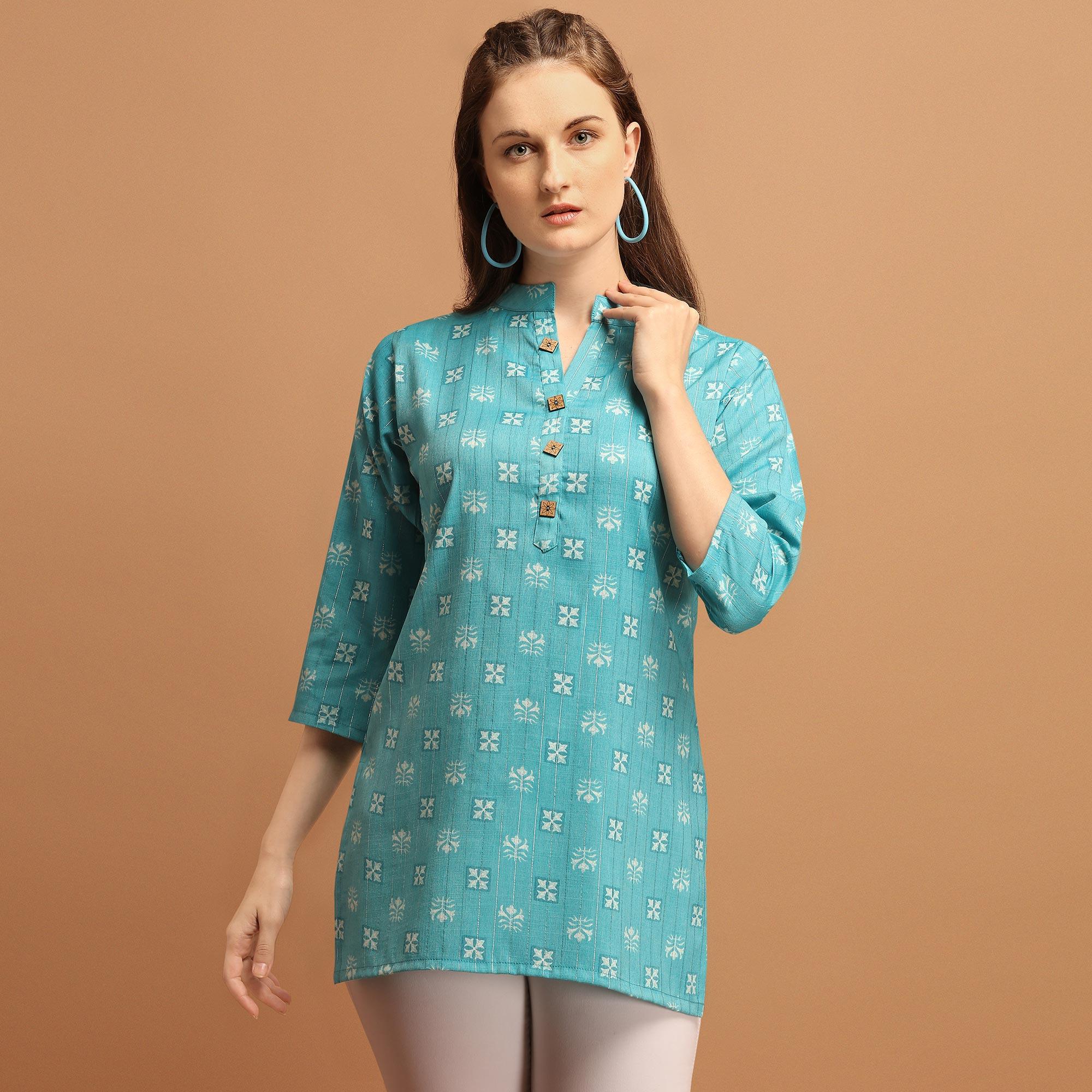 Amazing Blue Colored Casual Wear Printed Rayon Top - Peachmode