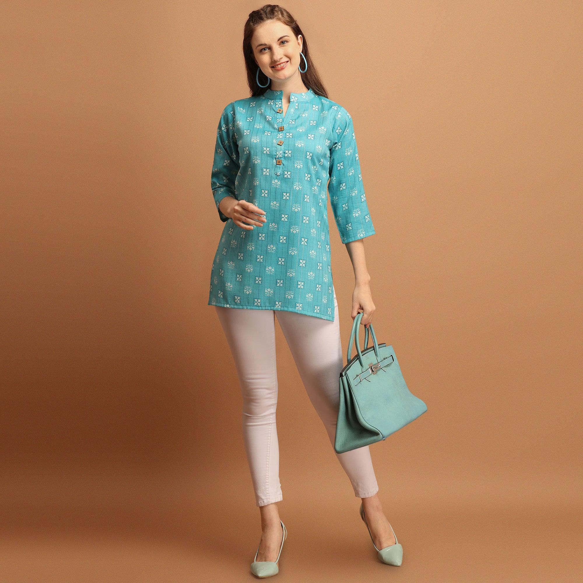 Amazing Blue Colored Casual Wear Printed Rayon Top - Peachmode