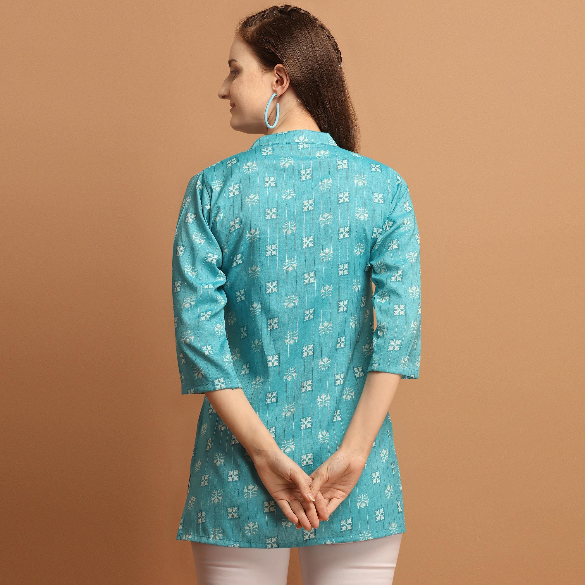 Amazing Blue Colored Casual Wear Printed Rayon Top - Peachmode