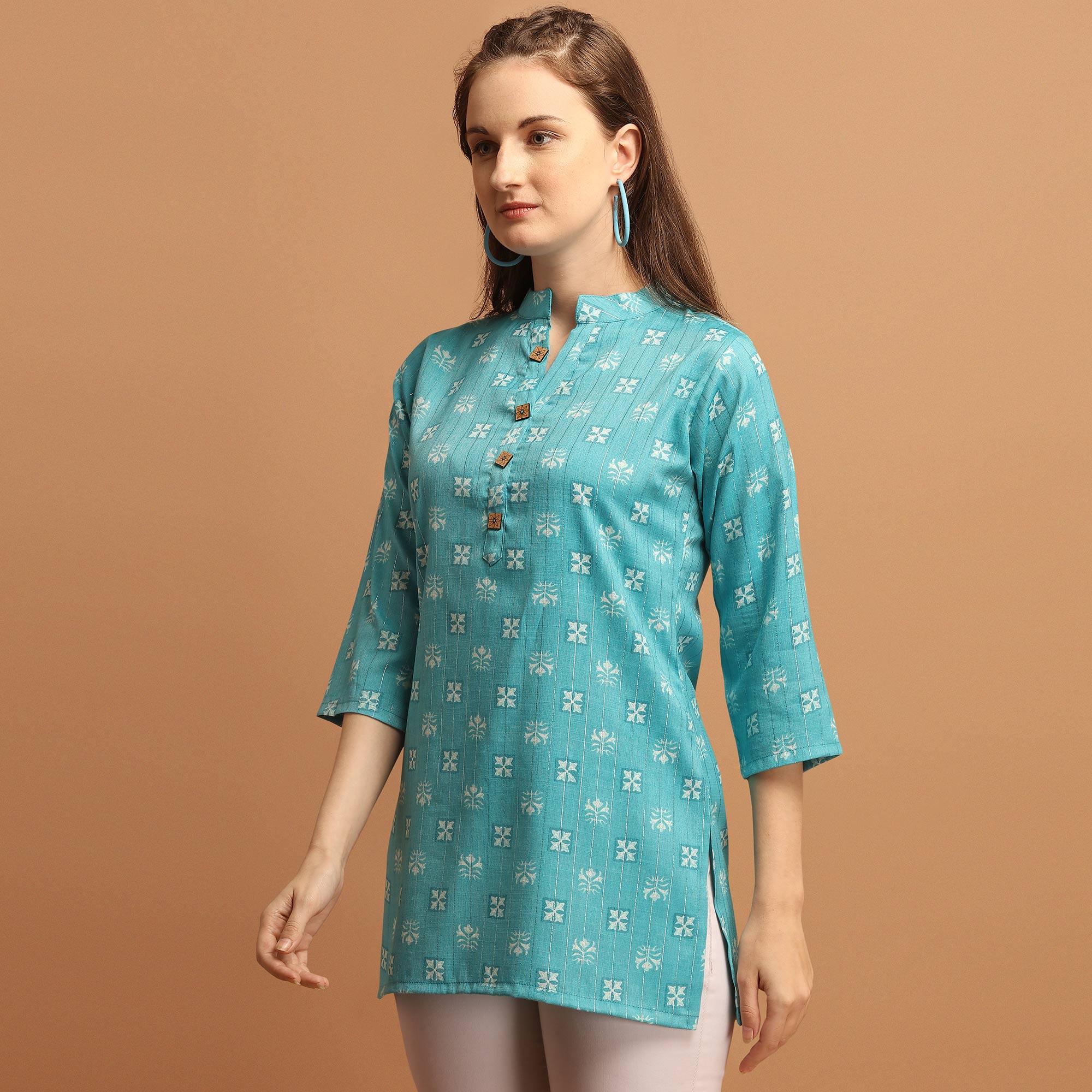 Amazing Blue Colored Casual Wear Printed Rayon Top - Peachmode
