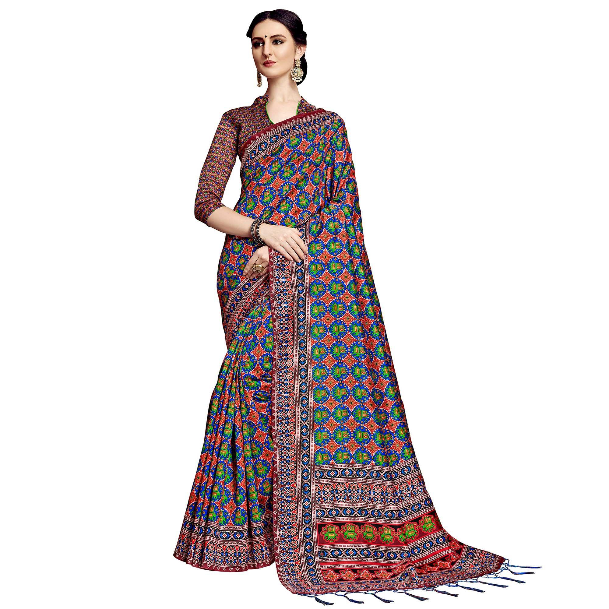 Amazing Blue Colored Festive Wear Printed Silk Saree - Peachmode