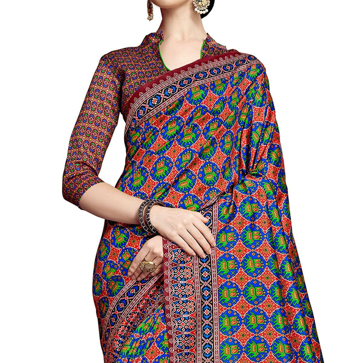 Amazing Blue Colored Festive Wear Printed Silk Saree - Peachmode