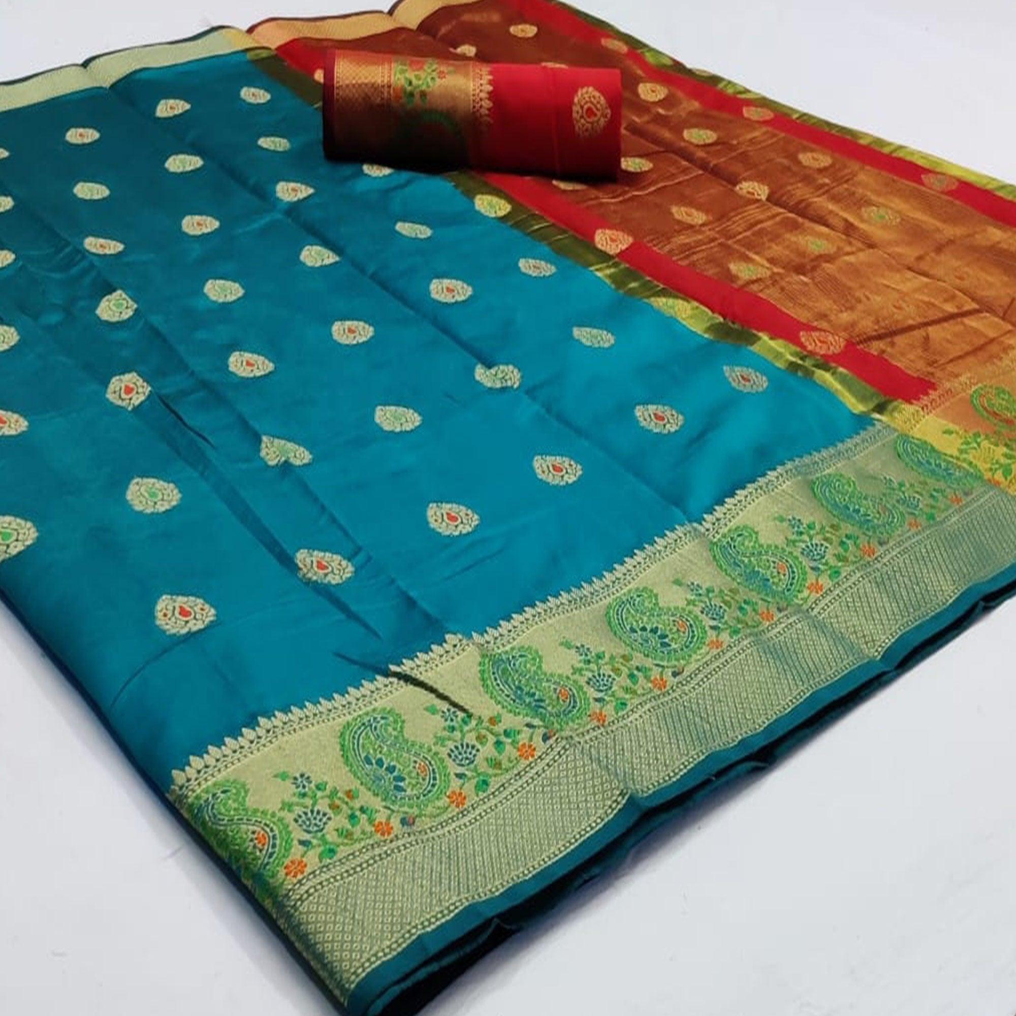 Amazing Blue Colored Festive Wear Woven Soft Silk Saree - Peachmode