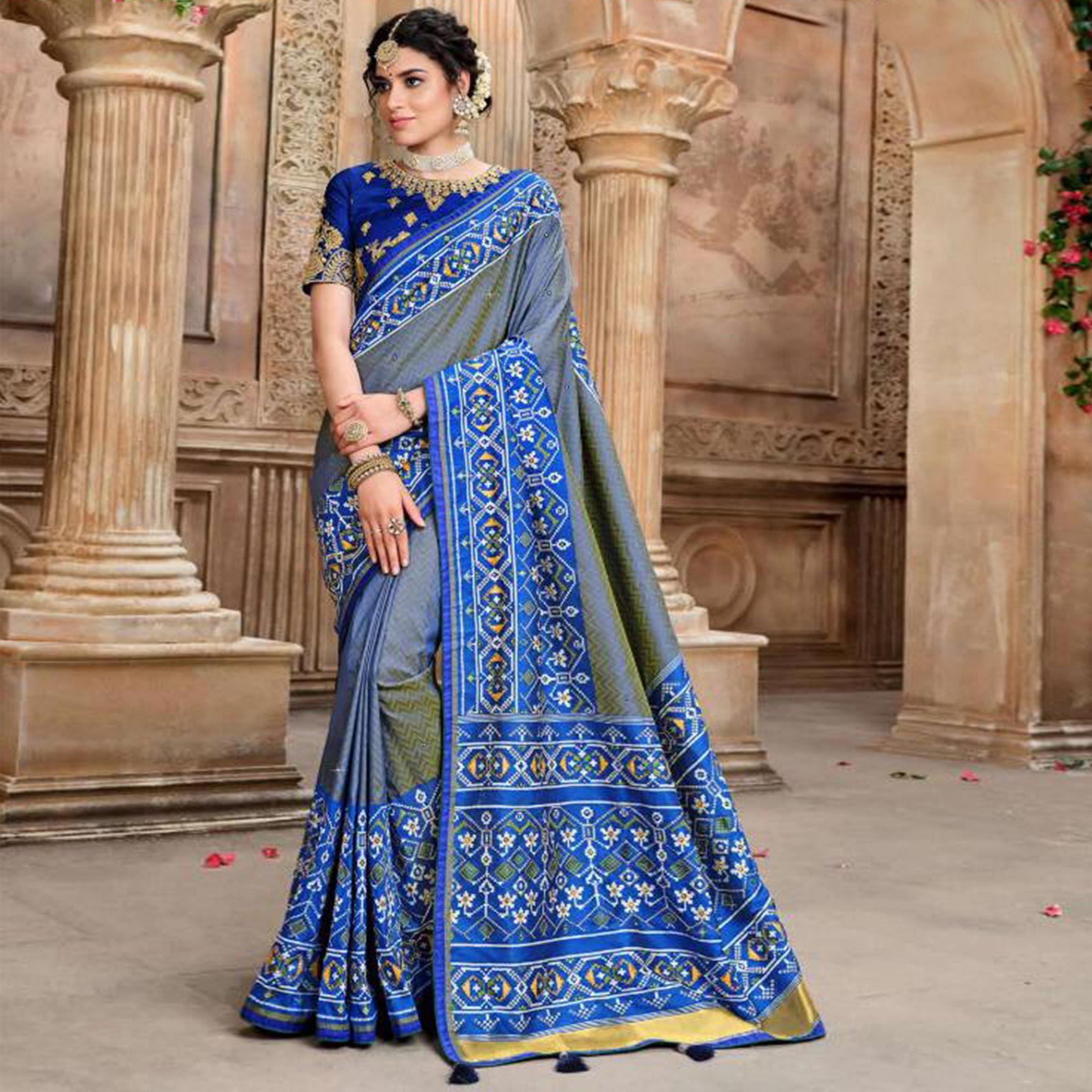 Amazing Blue Colored Resham With Mirror Khatli Work Festive Wear Patan Patola Silk Saree - Peachmode