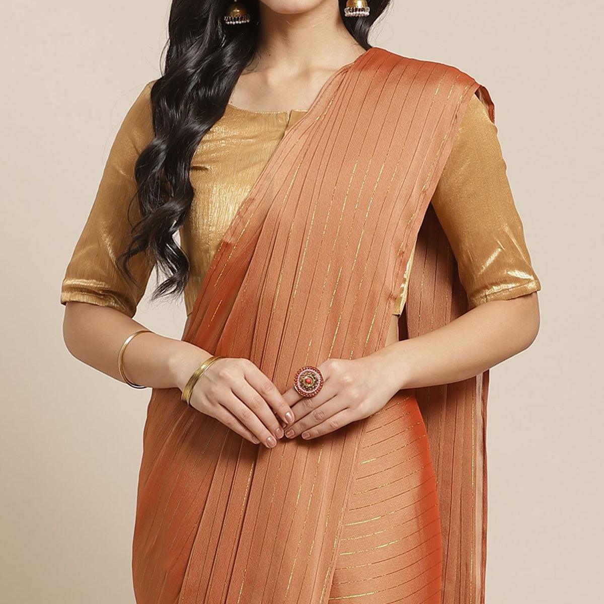 Amazing Brown Colored Casual Wear Printed Poly Georgette Saree - Peachmode