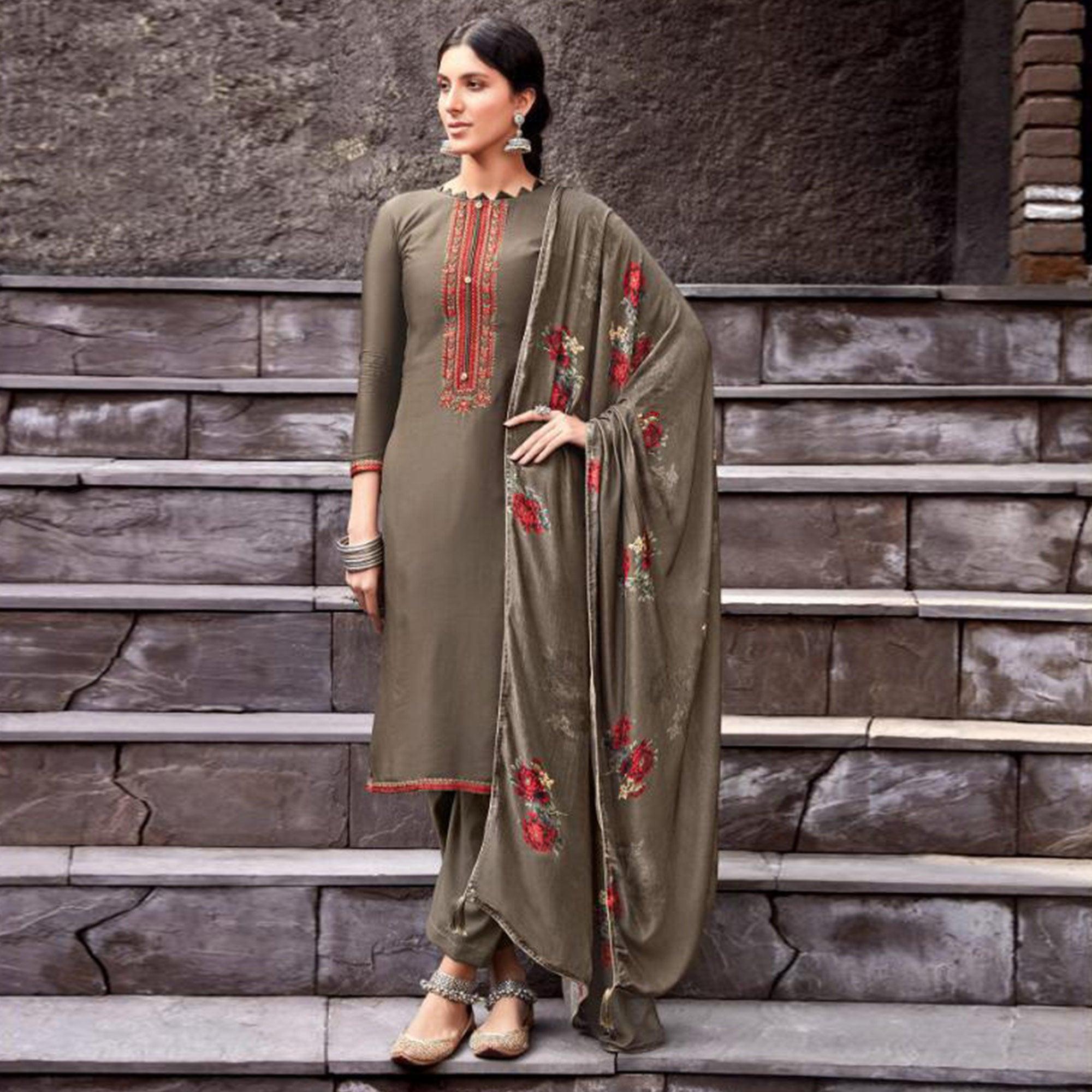 Amazing Brown Colored Partywear Printed Viscose Muslin Suit - Peachmode