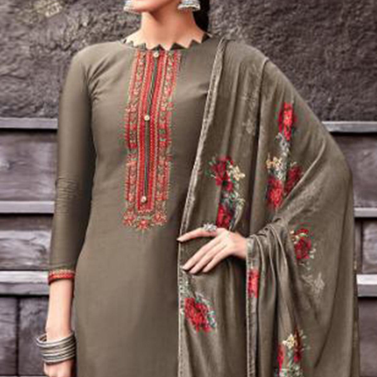 Amazing Brown Colored Partywear Printed Viscose Muslin Suit - Peachmode