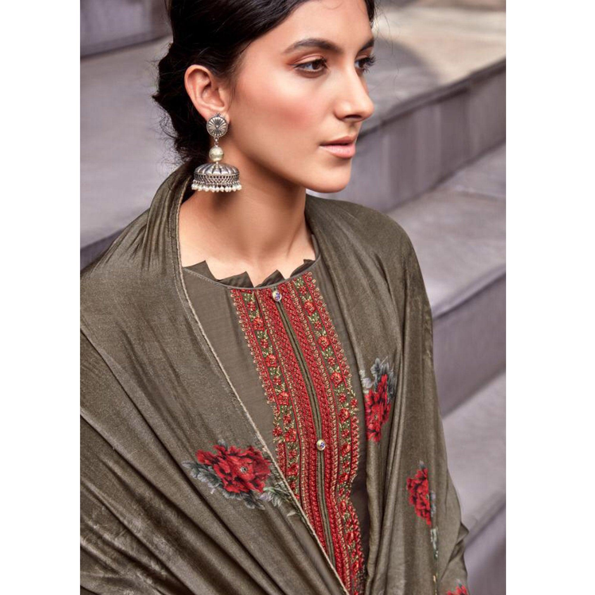 Amazing Brown Colored Partywear Printed Viscose Muslin Suit - Peachmode