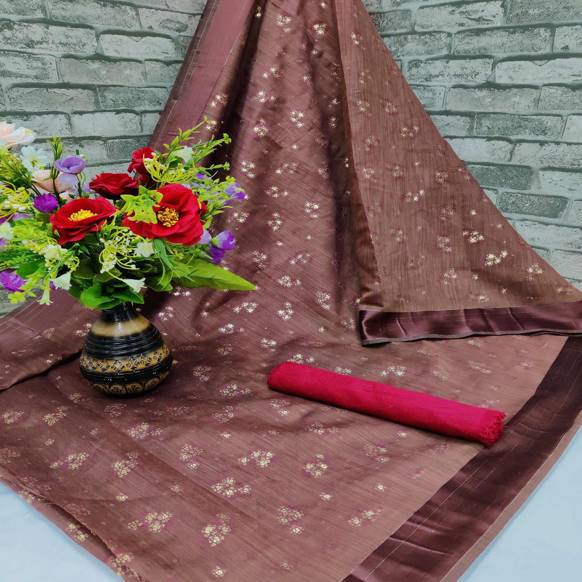 Amazing Cofee Colored Foil Print And Satin Woven Border Casual Wear Cotton Saree - Peachmode