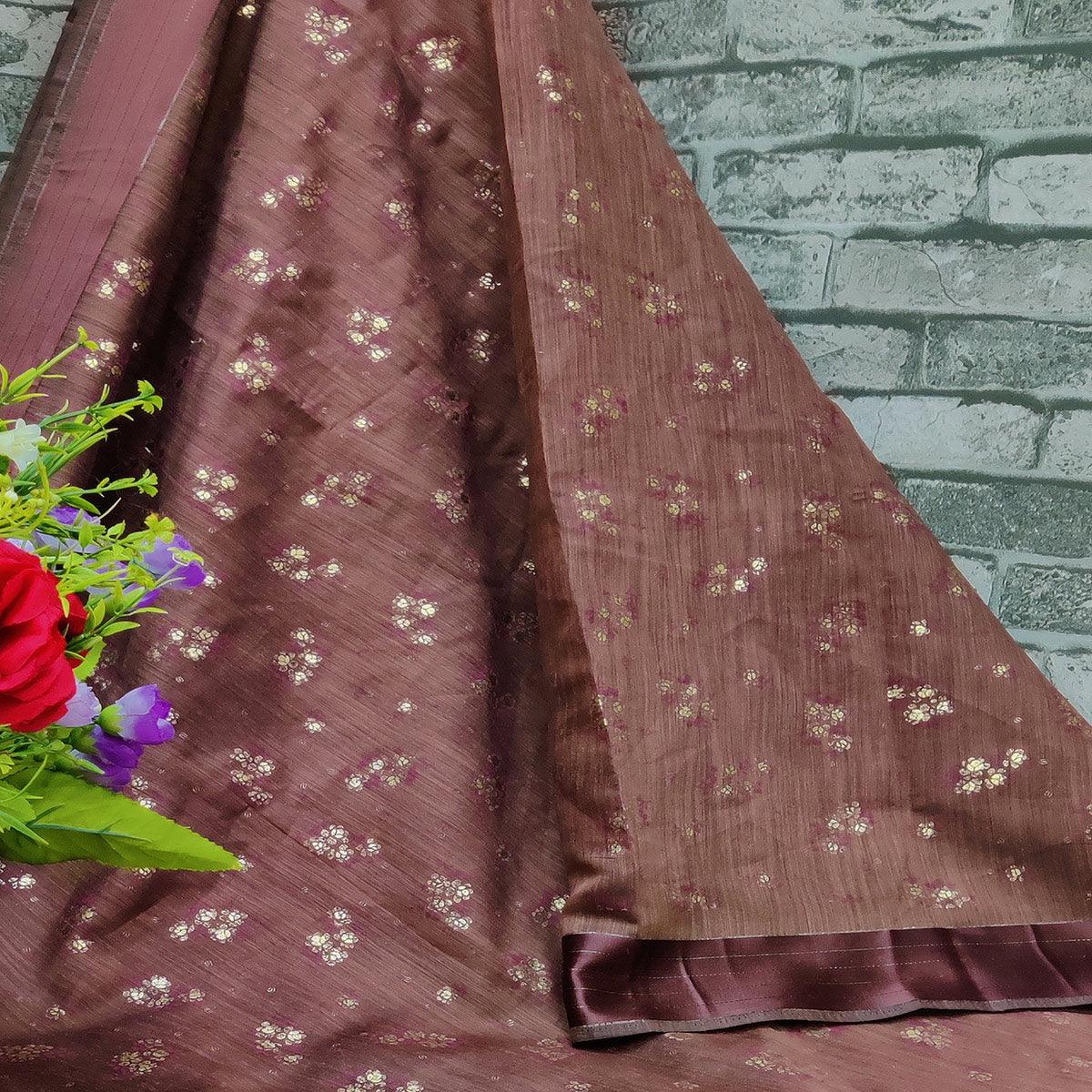 Amazing Cofee Colored Foil Print And Satin Woven Border Casual Wear Cotton Saree - Peachmode