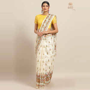 Amazing Cream Colored Casual Wear Floral Printed Linen Saree - Peachmode