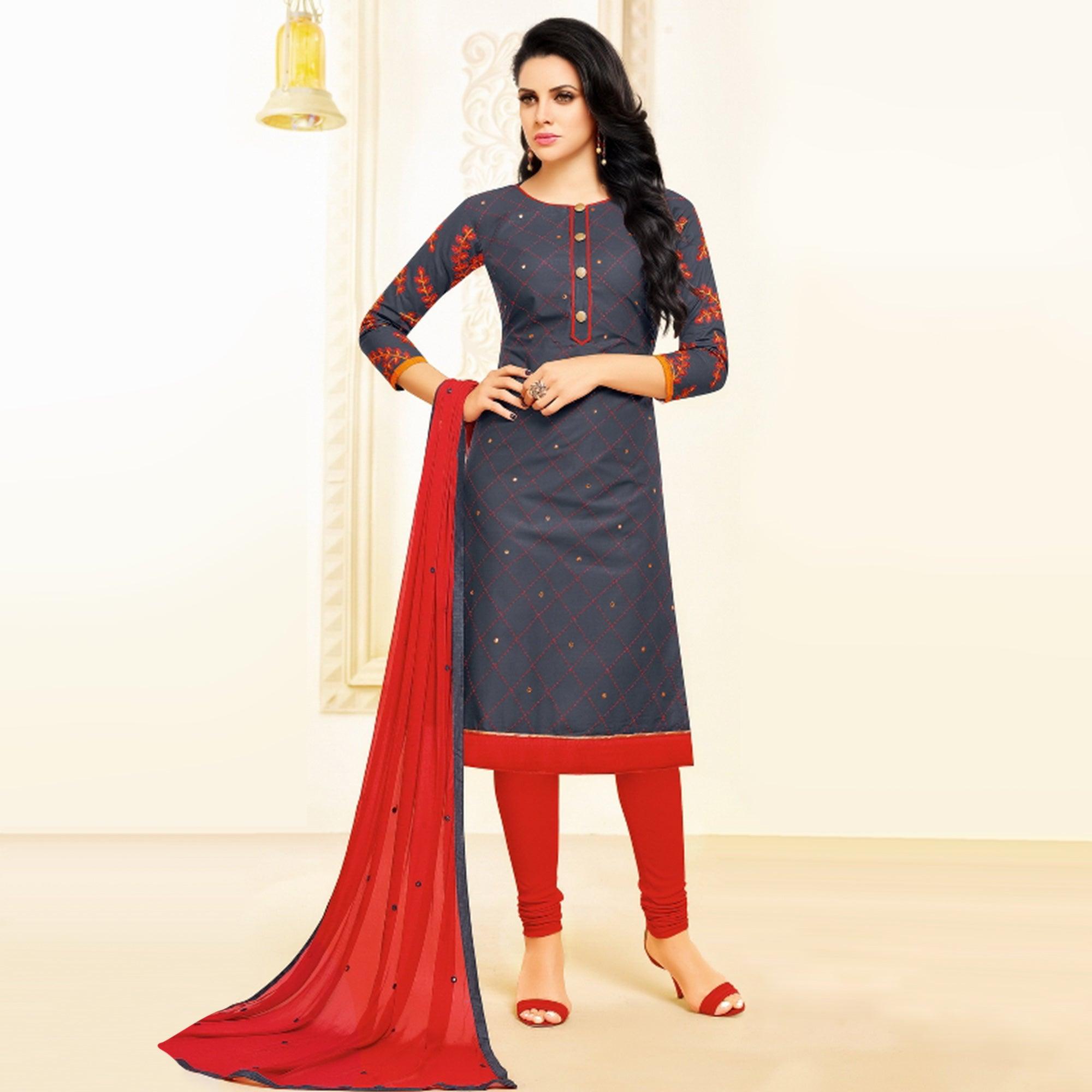 Amazing Dark Grey Colored Partywear Embroidered Cotton Dress Material - Peachmode