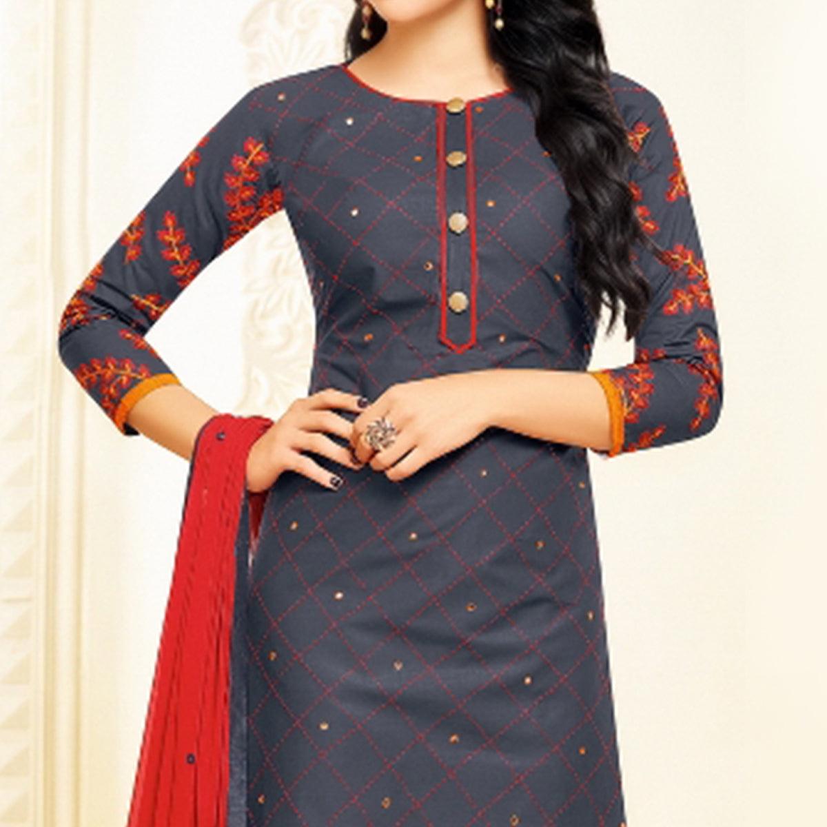 Amazing Dark Grey Colored Partywear Embroidered Cotton Dress Material - Peachmode