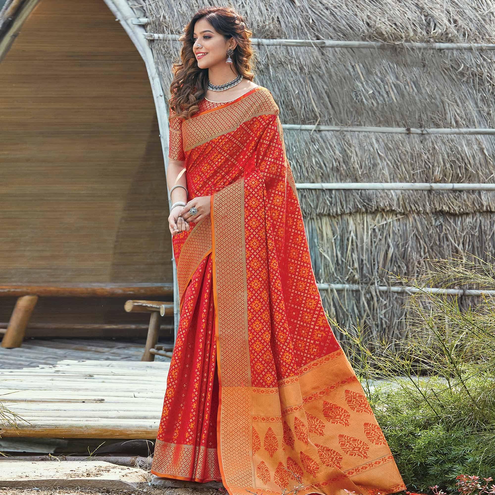 Amazing Dark Orange Colored Festive Wear Patan Patola Silk Saree - Peachmode