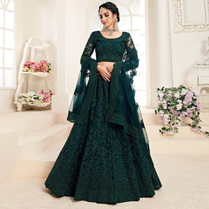 Amazing Deep Green Colored Cording Embroidery Wedding Wear Net Lehenga Choli - Peachmode