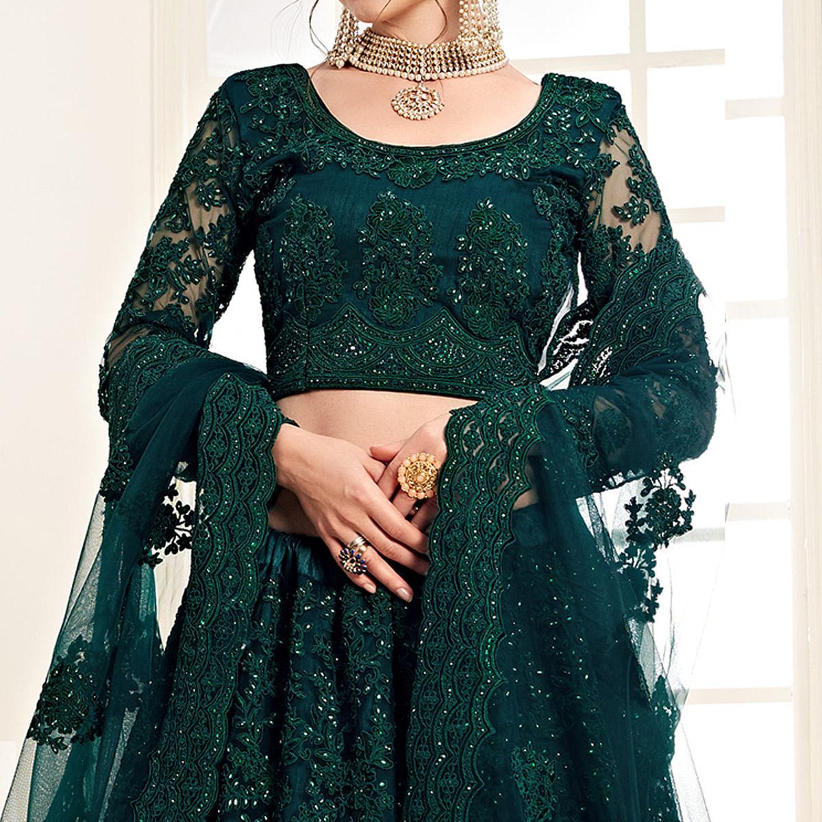 Amazing Deep Green Colored Cording Embroidery Wedding Wear Net Lehenga Choli - Peachmode