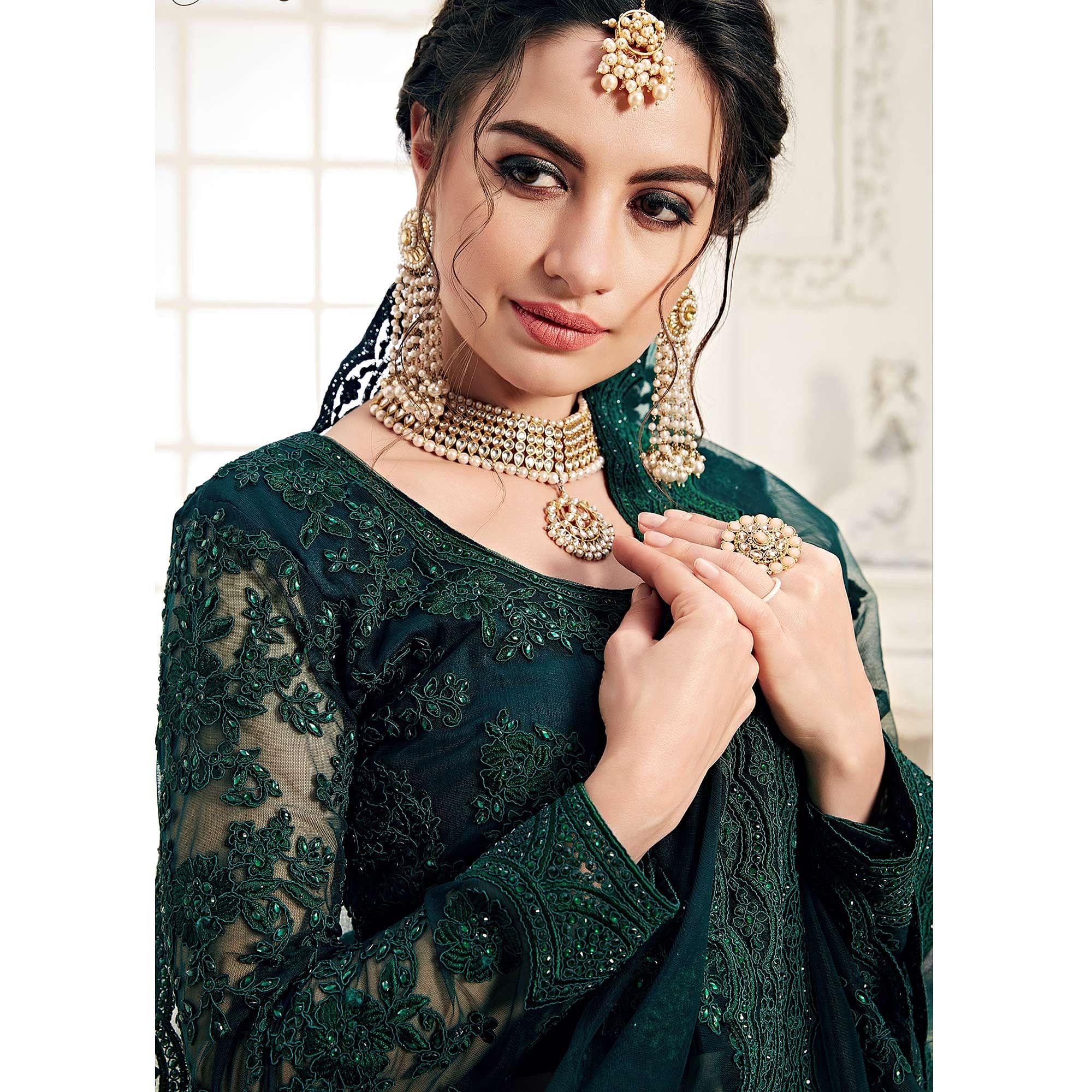 Amazing Deep Green Colored Cording Embroidery Wedding Wear Net Lehenga Choli - Peachmode