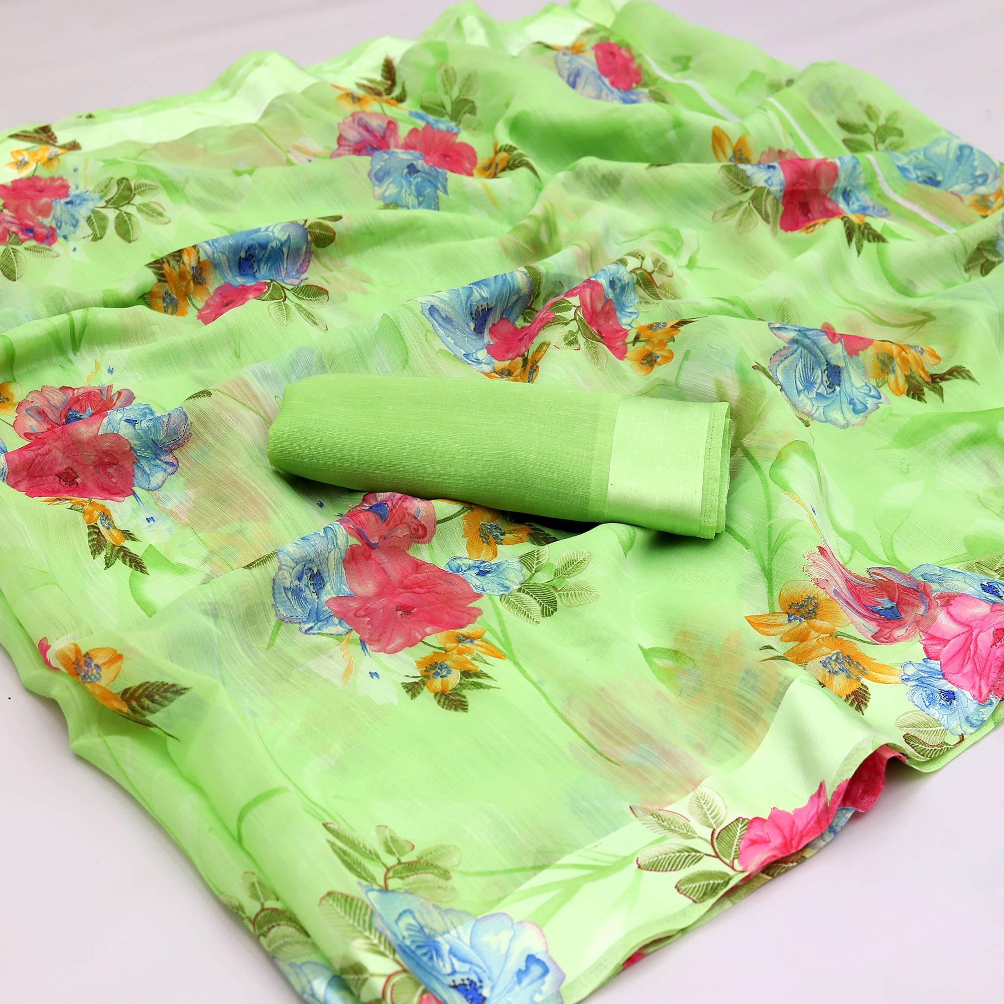 Amazing Green Colored Casual Wear Floral Printed Cotton Blend Saree - Peachmode