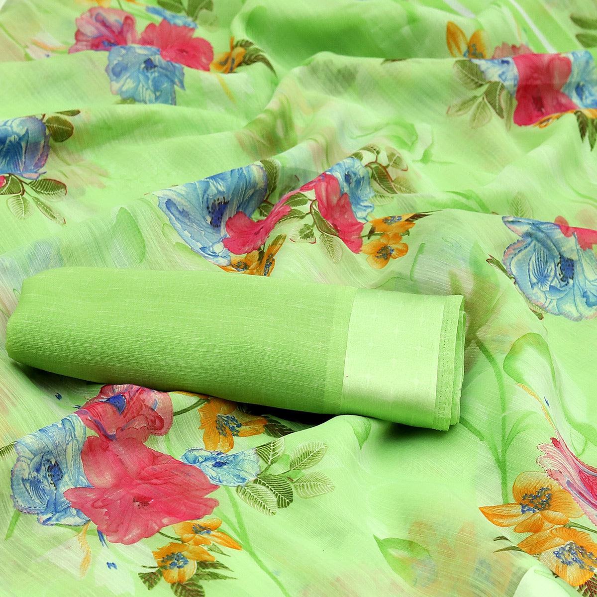 Amazing Green Colored Casual Wear Floral Printed Cotton Blend Saree - Peachmode