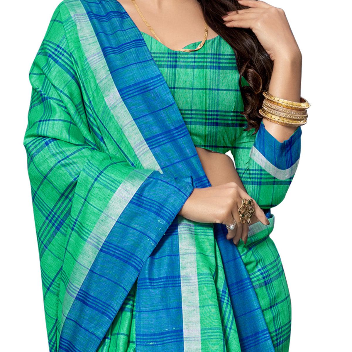Amazing Green Colored Fesive Wear Stripe Print Cotton Silk Saree With Tassels - Peachmode