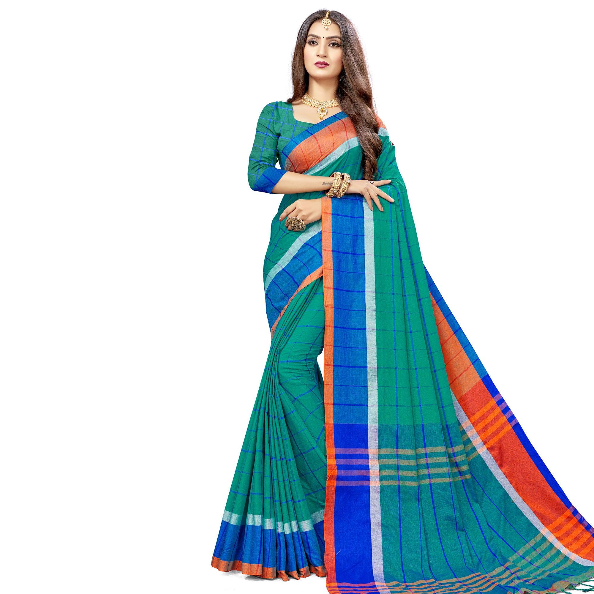 Amazing Green Colored Festive Wear Stripe Printed Cotton Silk Saree With Tassels - Peachmode