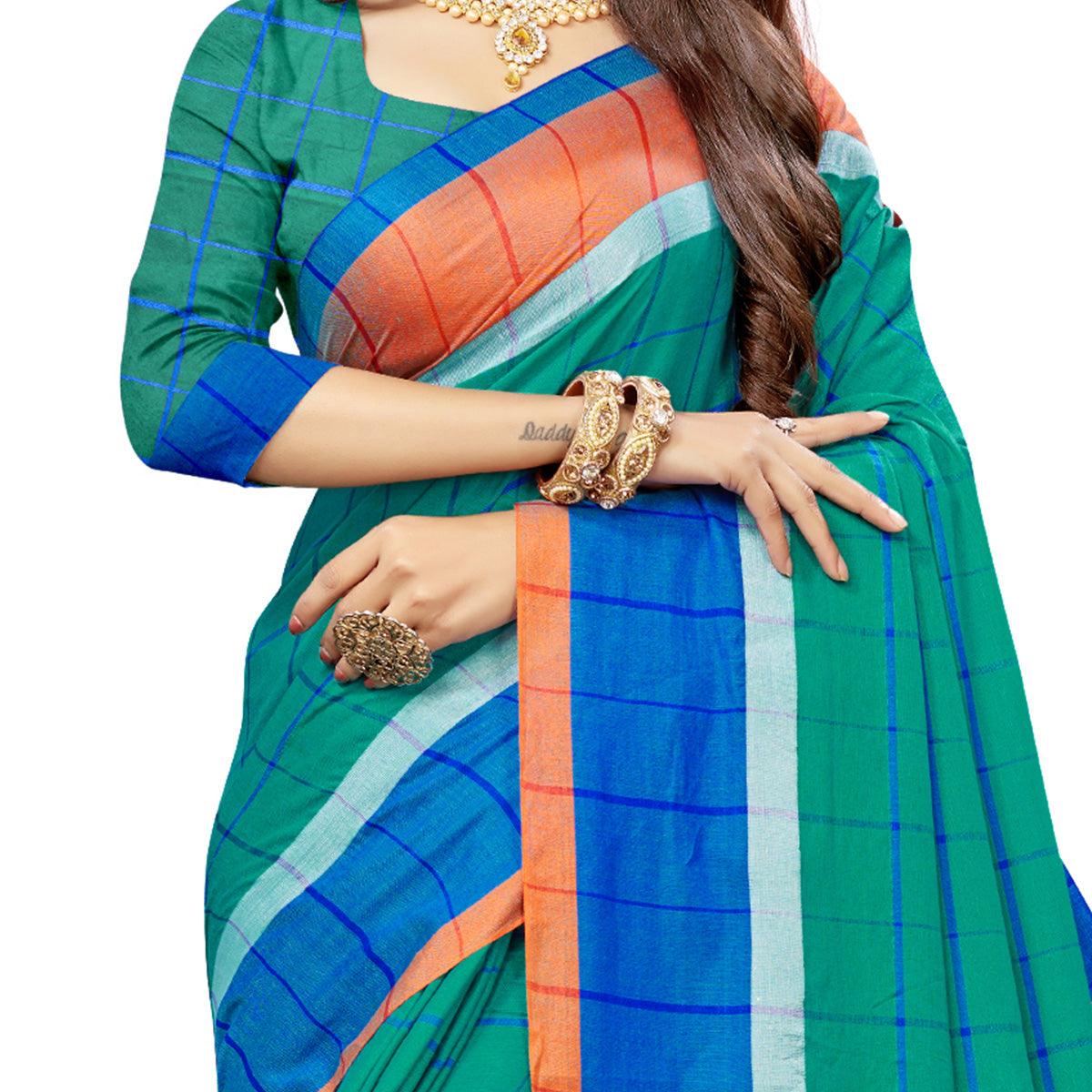 Amazing Green Colored Festive Wear Stripe Printed Cotton Silk Saree With Tassels - Peachmode
