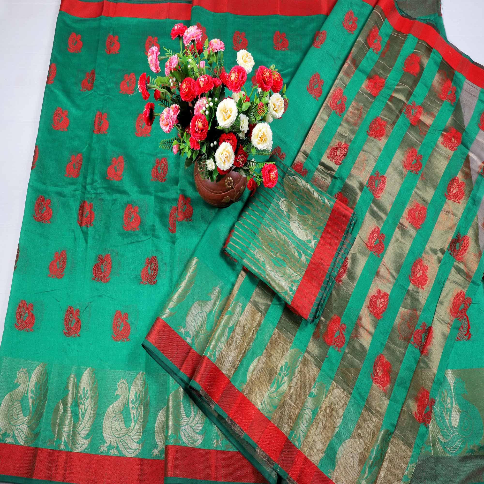 Amazing Green Colored Festive Wear Woven Cotton Silk Saree - Peachmode