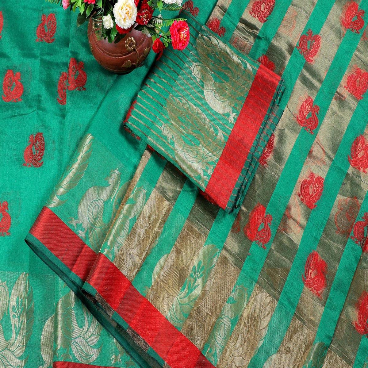 Amazing Green Colored Festive Wear Woven Cotton Silk Saree - Peachmode