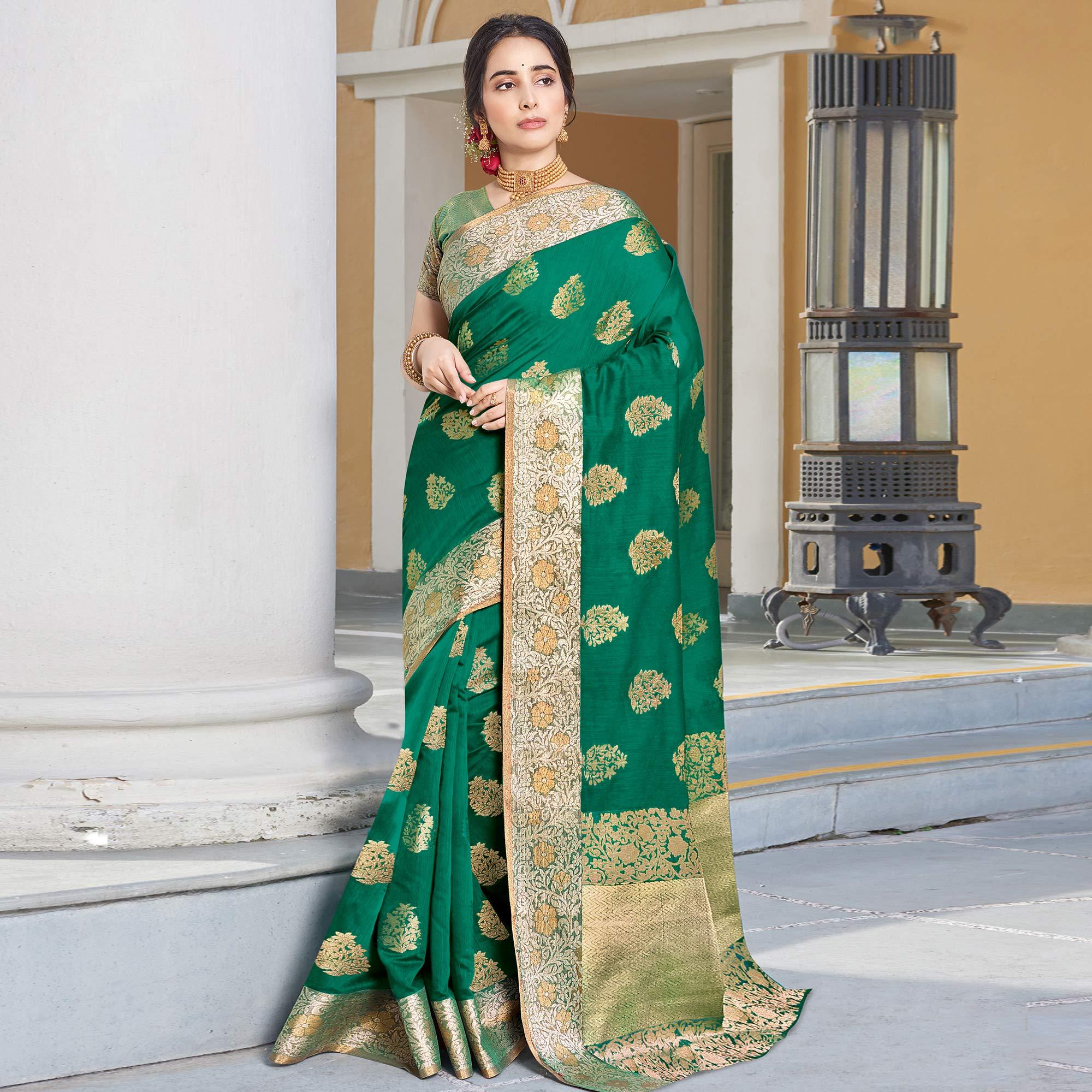Amazing Green Colored Festive Wear Woven Silk Saree - Peachmode