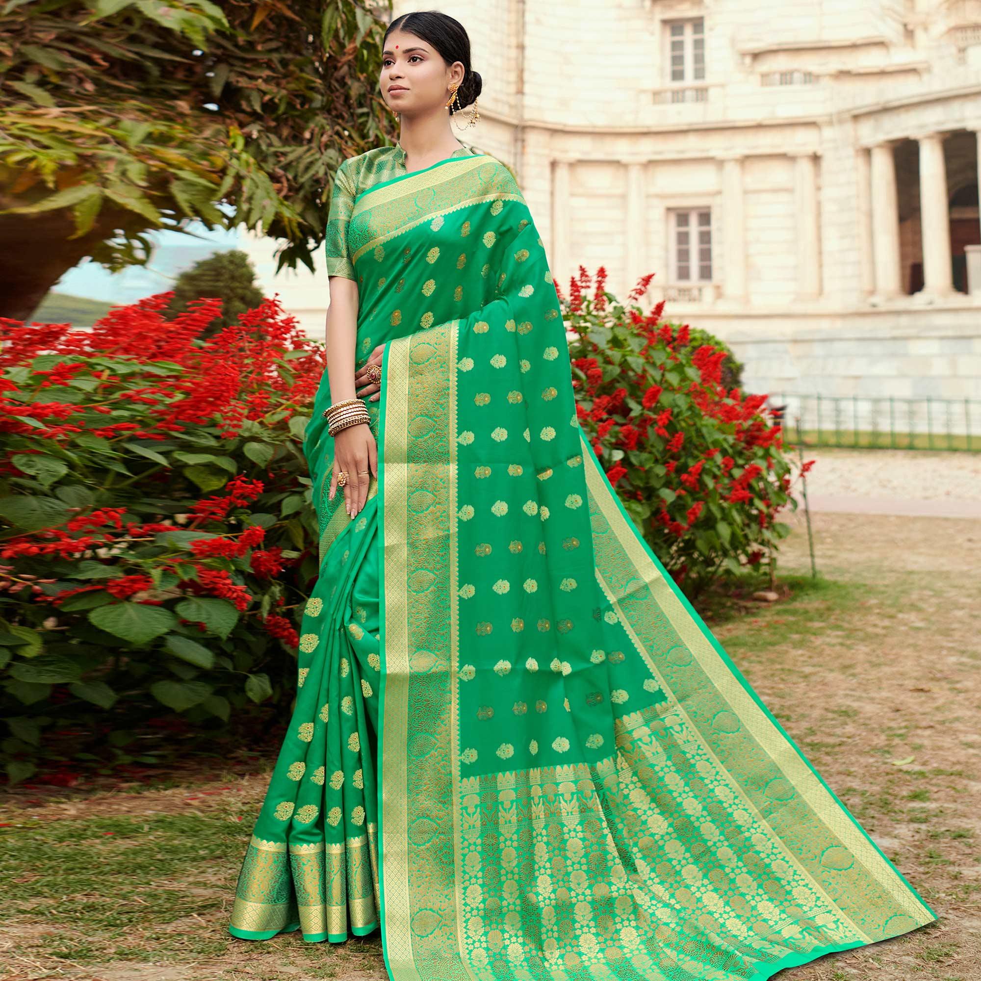 Amazing Green Colored Festive Wear Woven Silk Saree - Peachmode
