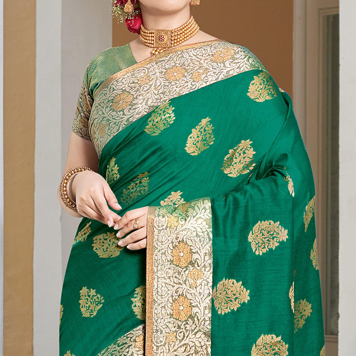 Amazing Green Colored Festive Wear Woven Silk Saree - Peachmode