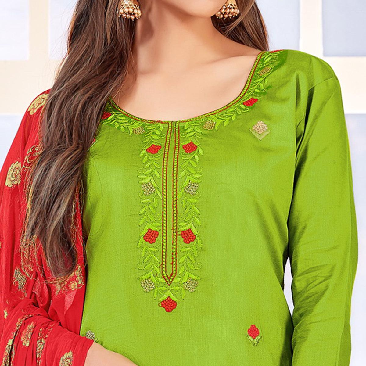 Amazing Green Colored Partywear Embroidered Cotton Dress Material - Peachmode