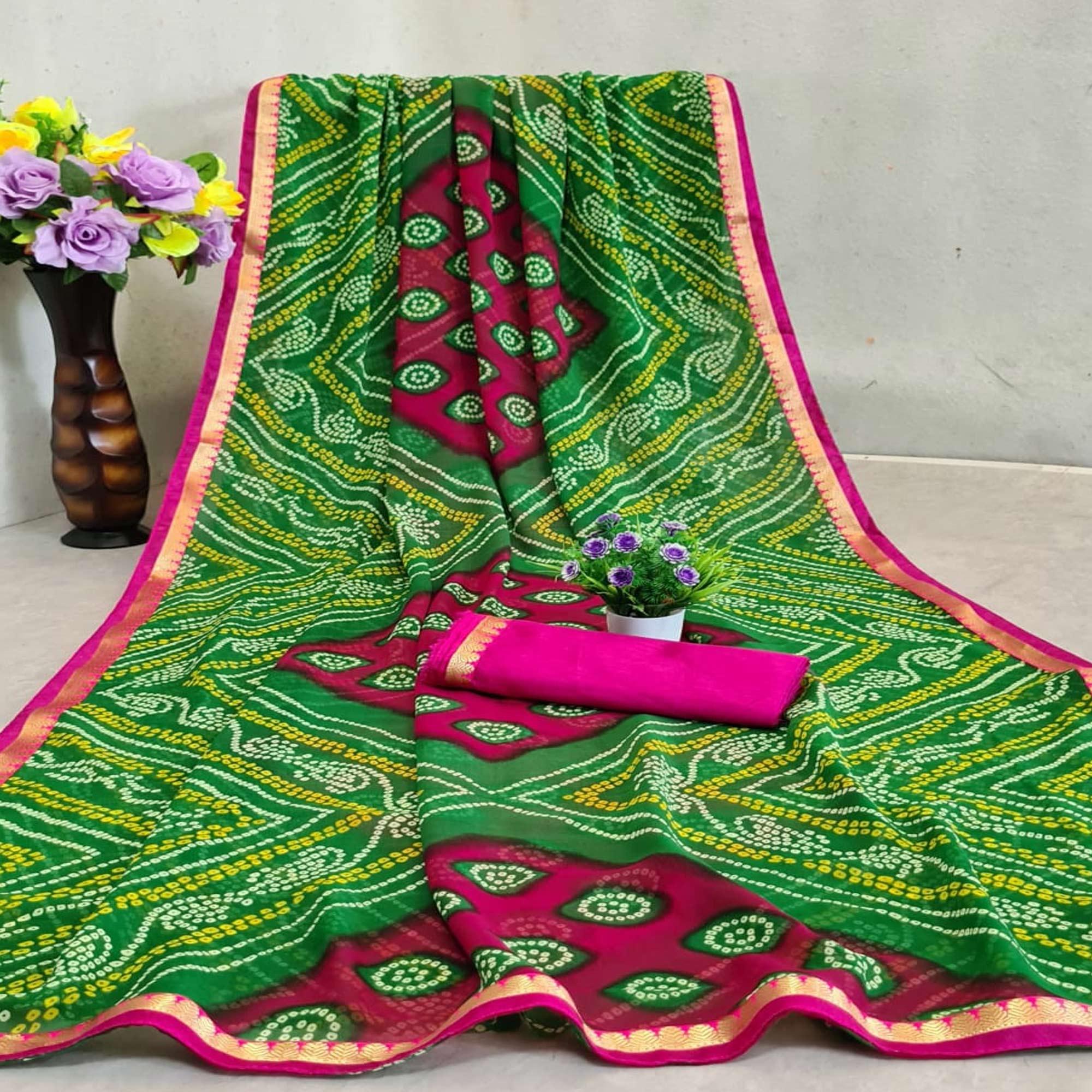 Amazing Green -Pink Colored Festive Wear Woven Moss Georgette Saree - Peachmode