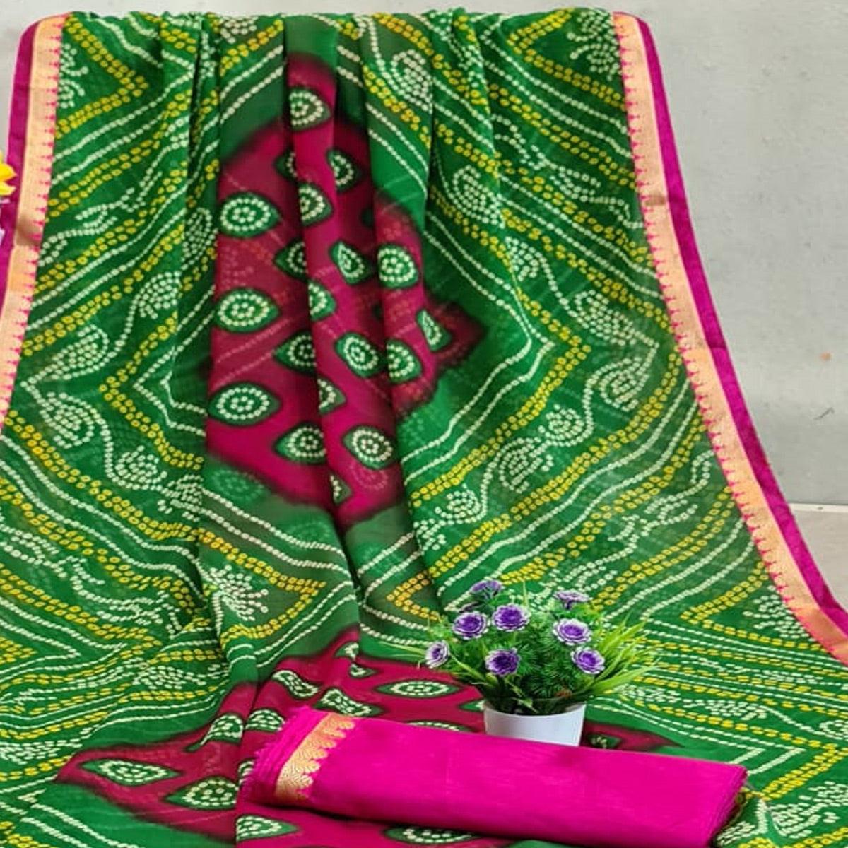 Amazing Green -Pink Colored Festive Wear Woven Moss Georgette Saree - Peachmode