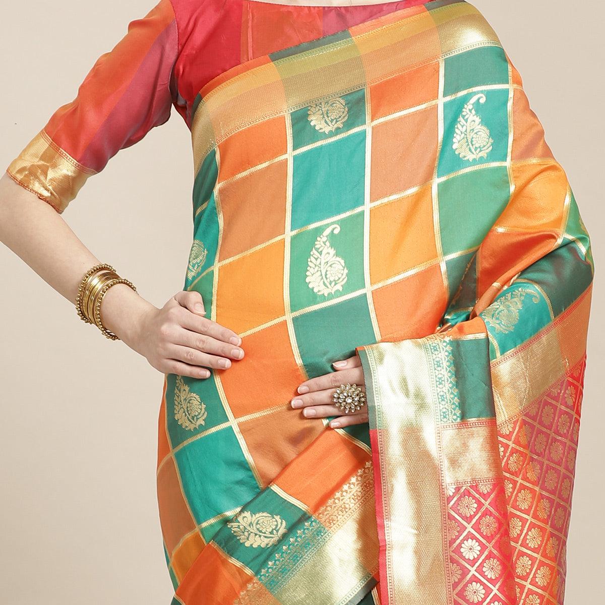 Amazing Green-Yellow Colored Festive Wear Woven Silk Blend Saree - Peachmode