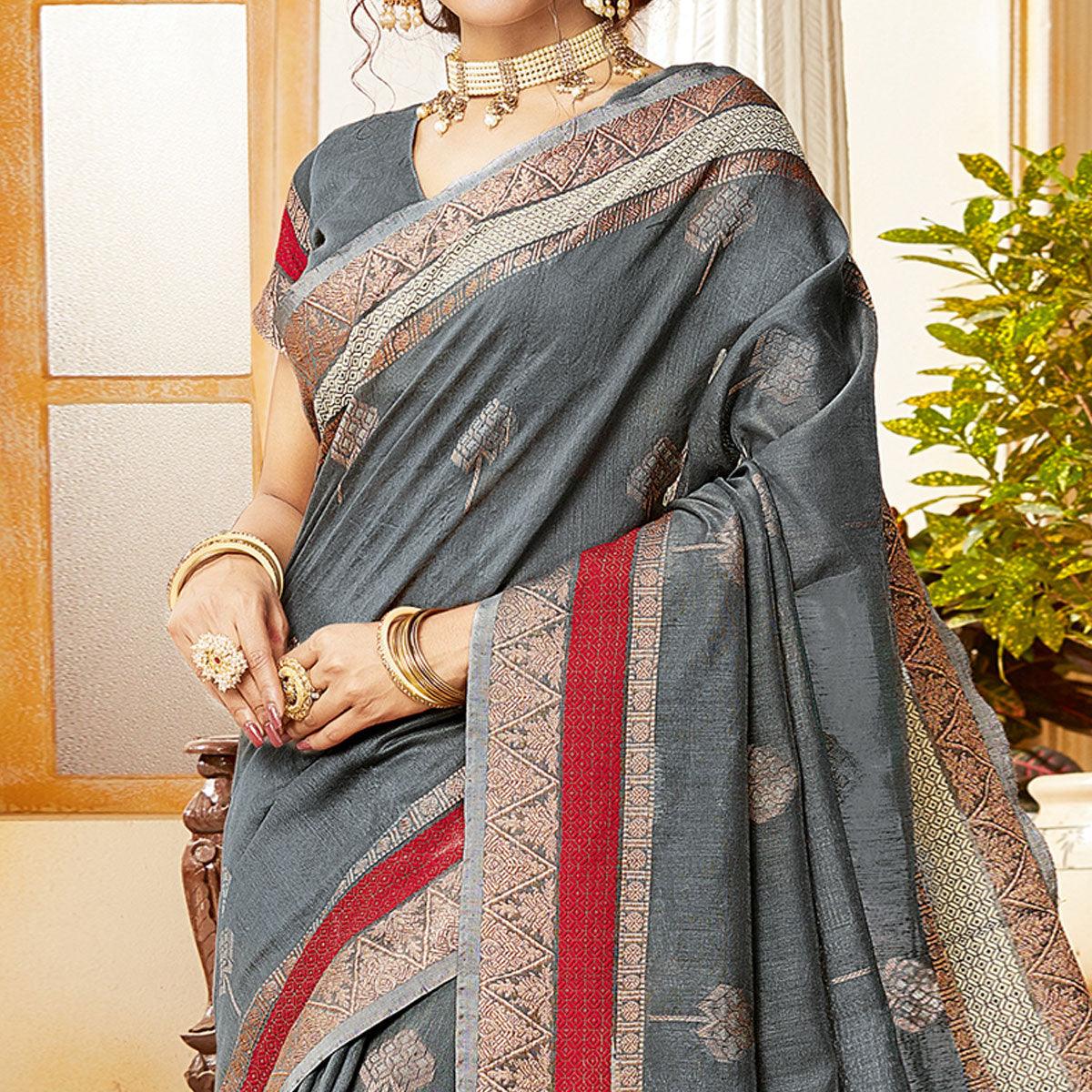 Amazing Grey Colored Festive Wear Woven Cotton Handloom Saree - Peachmode