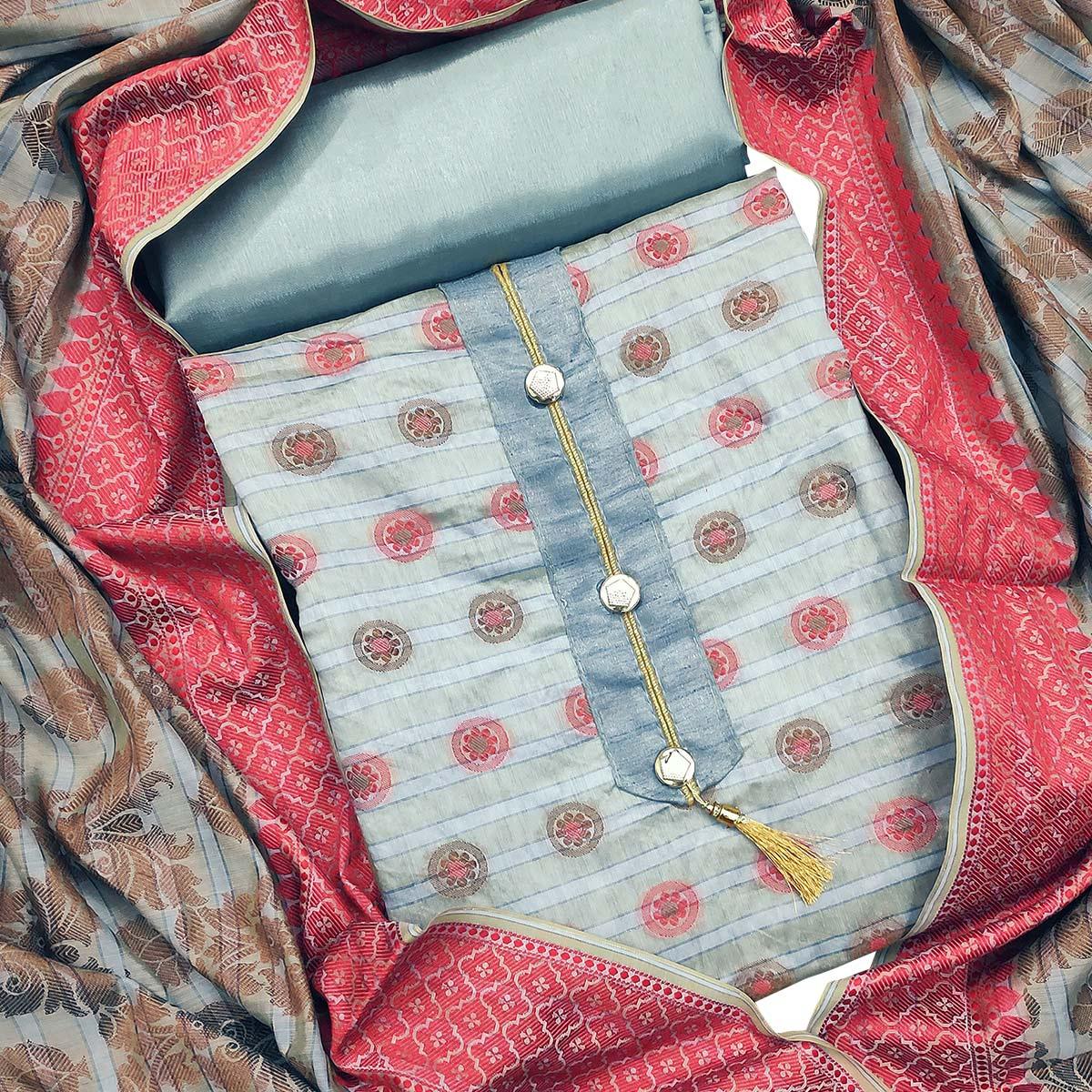 Amazing Grey Colored Festive Wear Woven Heavy Banarasi Silk Dress Material - Peachmode