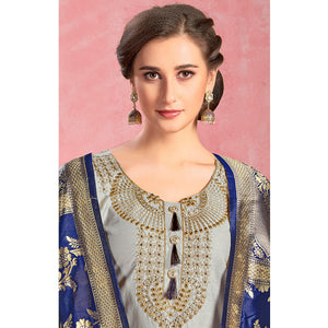 Amazing Grey Colored Partywear Embroidered Pure Cotton Dress Material - Peachmode