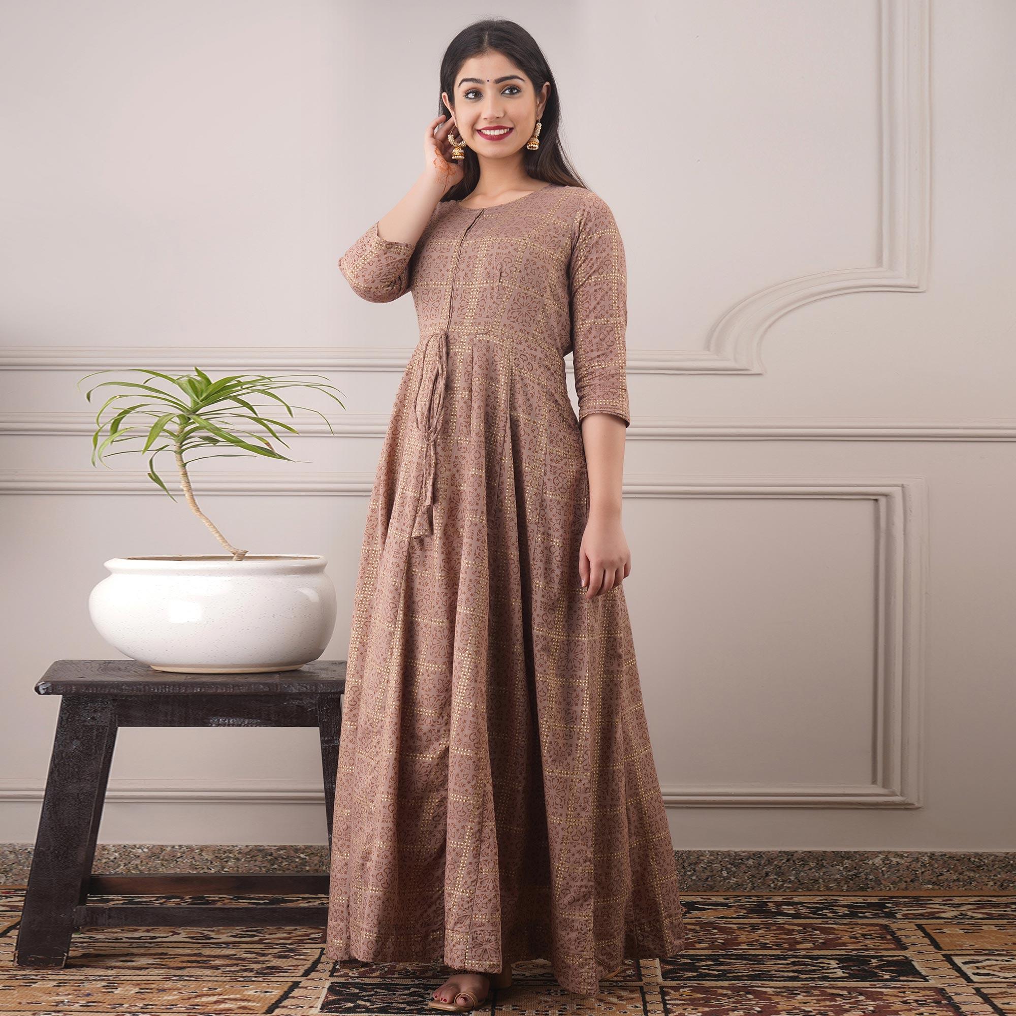 Amazing Light Brown Colored Casual Foil Printed Pure Chanderi Gown - Peachmode