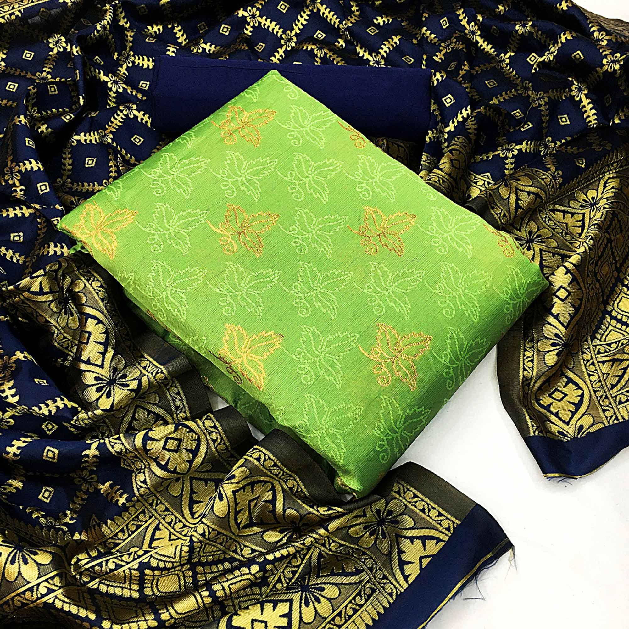 Amazing Light Green Colored Casual Woven Banarasi Silk Dress Material - Peachmode