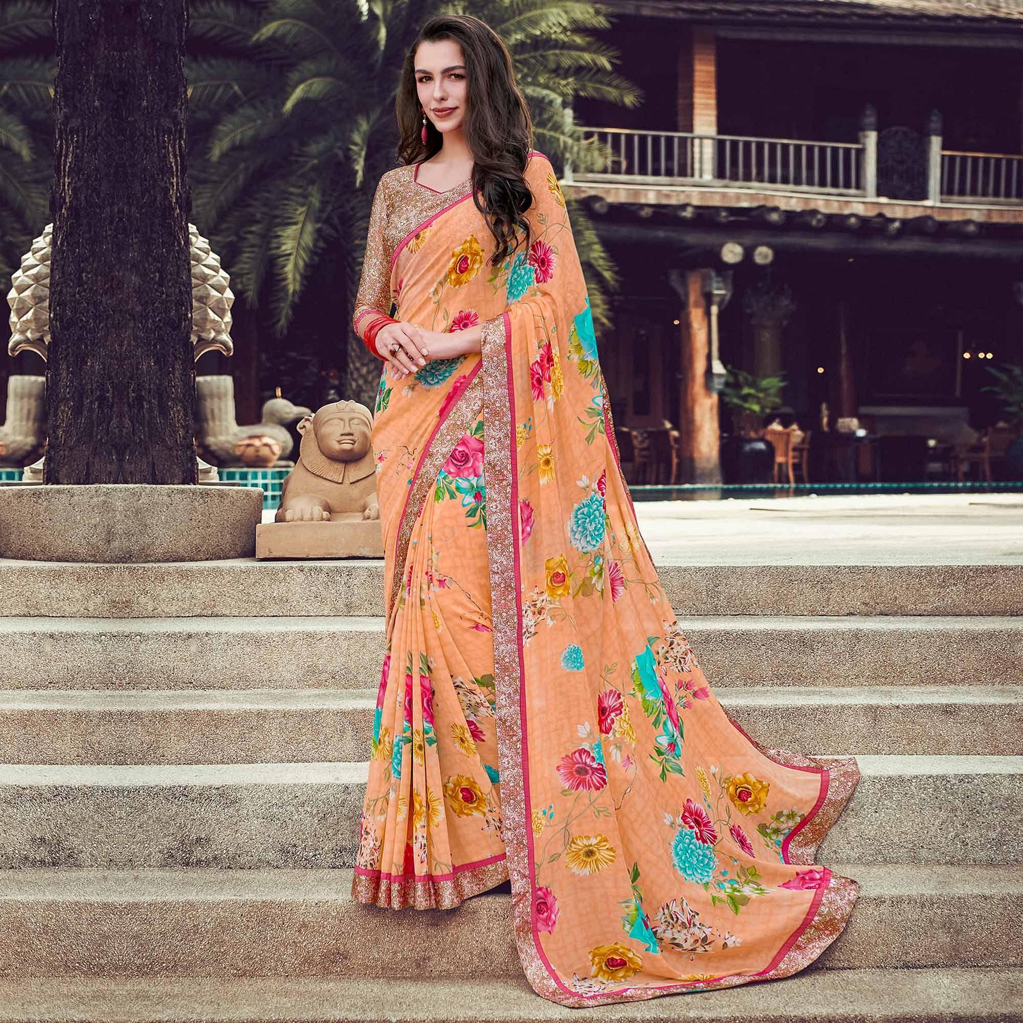 Amazing Light Orange Colored Partywear Designer Printed Georgette Saree - Peachmode
