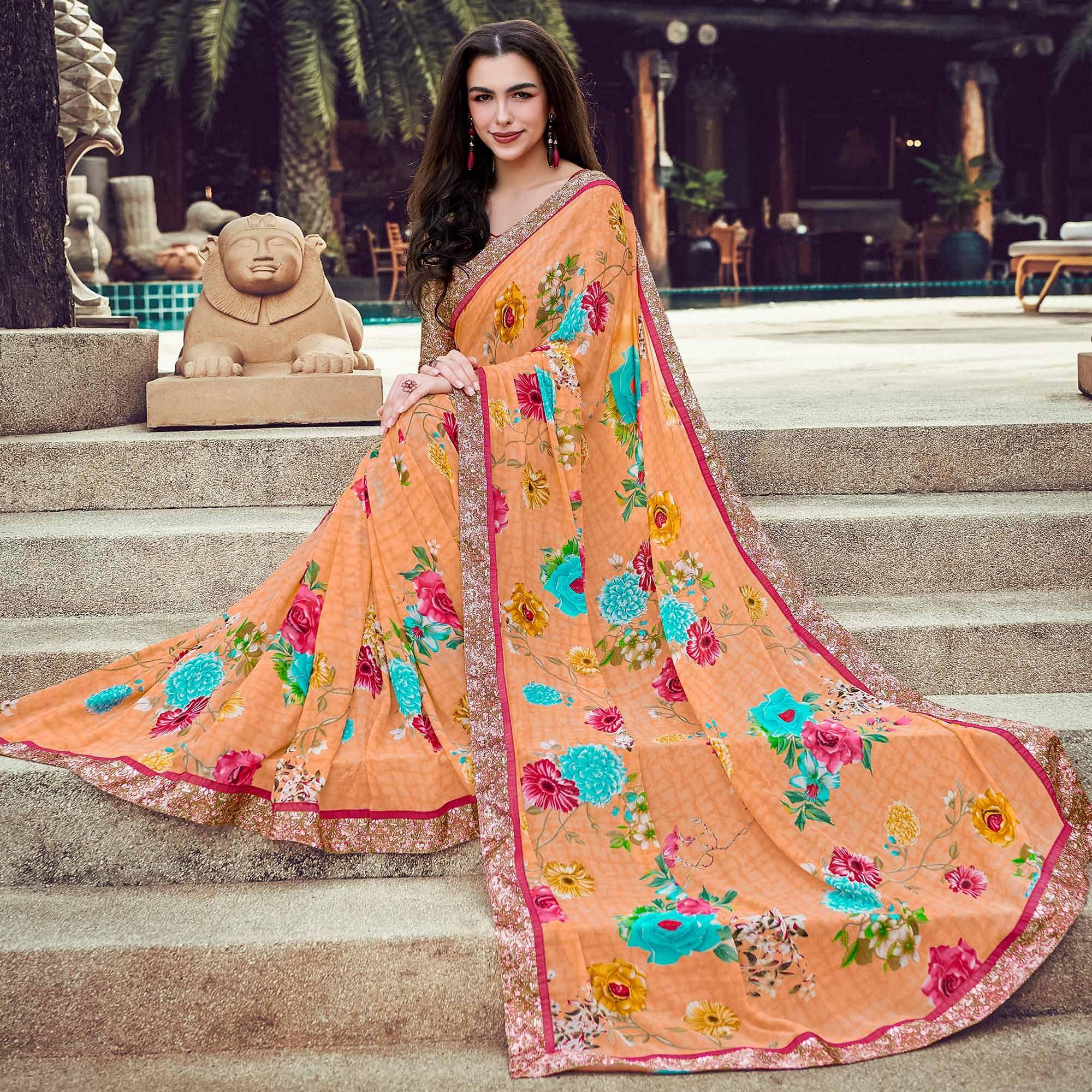 Amazing Light Orange Colored Partywear Designer Printed Georgette Saree - Peachmode