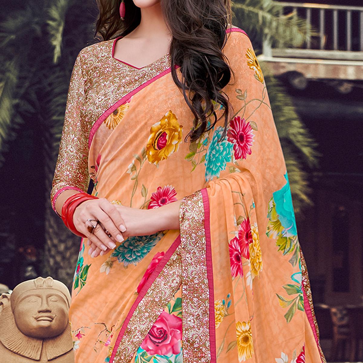 Amazing Light Orange Colored Partywear Designer Printed Georgette Saree - Peachmode