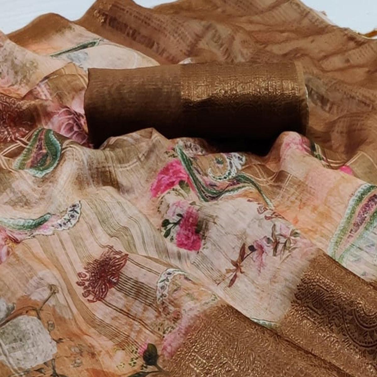 Amazing Light Peach Colored Festive Wear Woven Banarasi Silk Saree - Peachmode