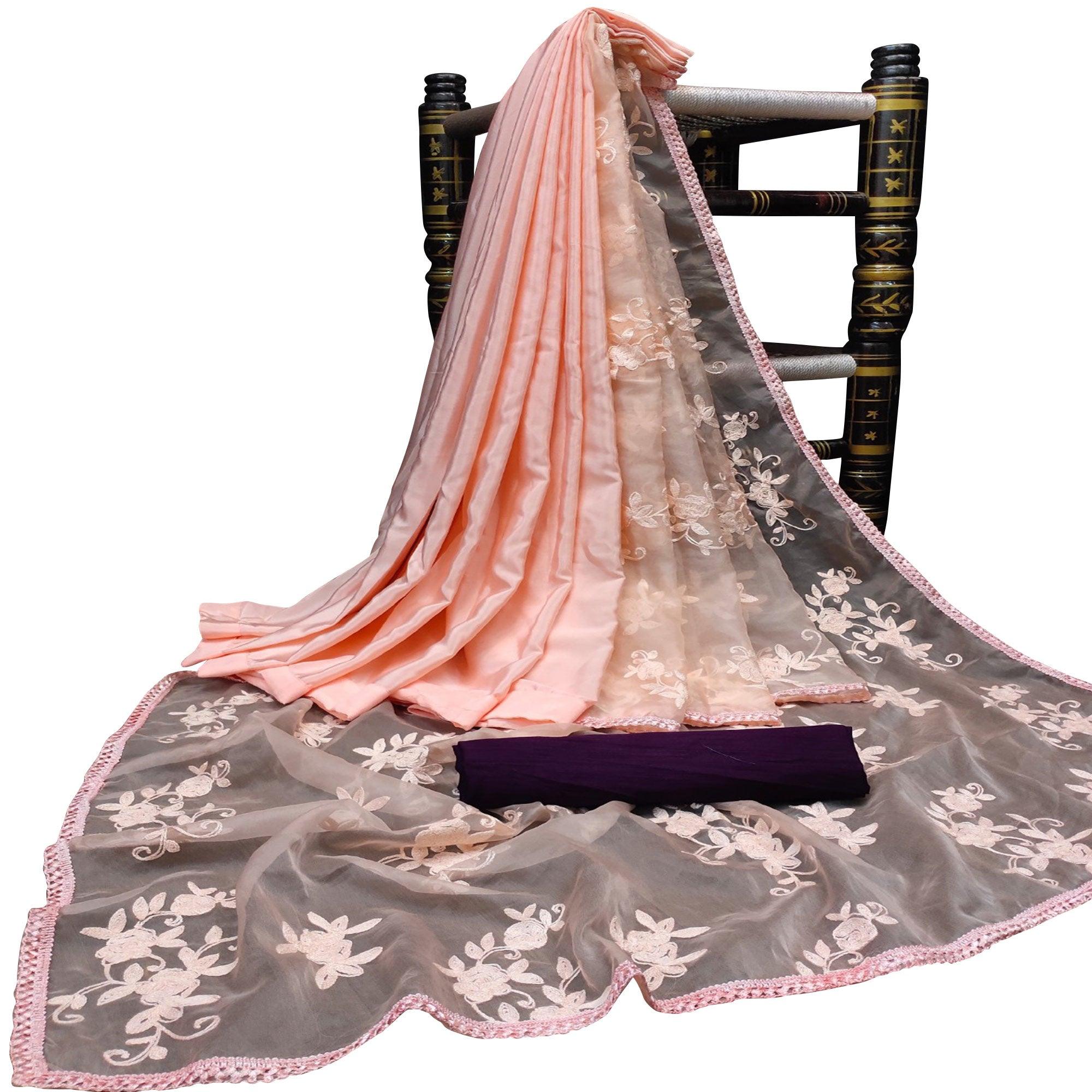 Amazing Light Peach Colored Partywear Embroidered Organza Saree - Peachmode