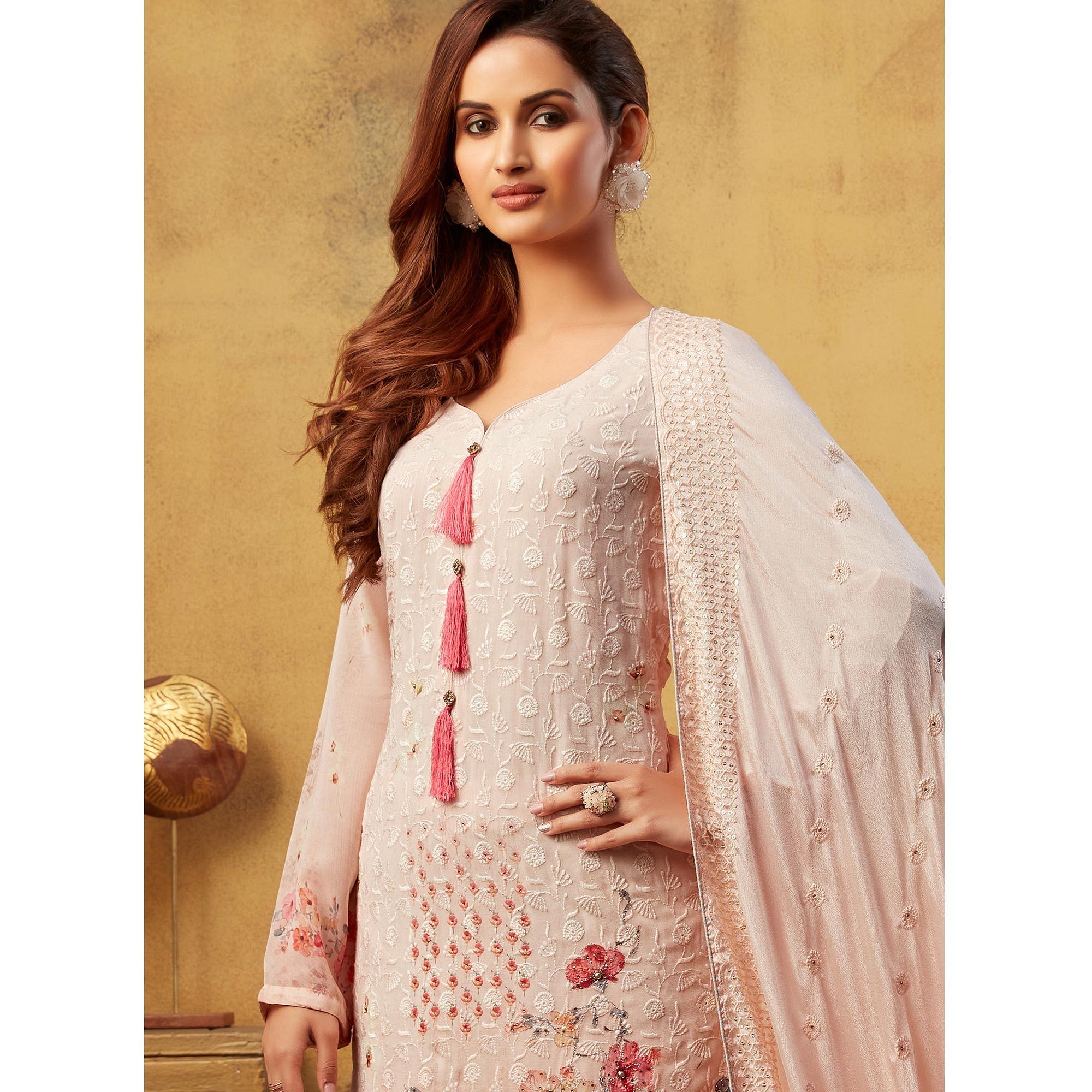 Amazing Light Pink Colored Embroidered With Digital Printed Partywear Viscose Bemberg Georgette Palazzo Suit - Peachmode