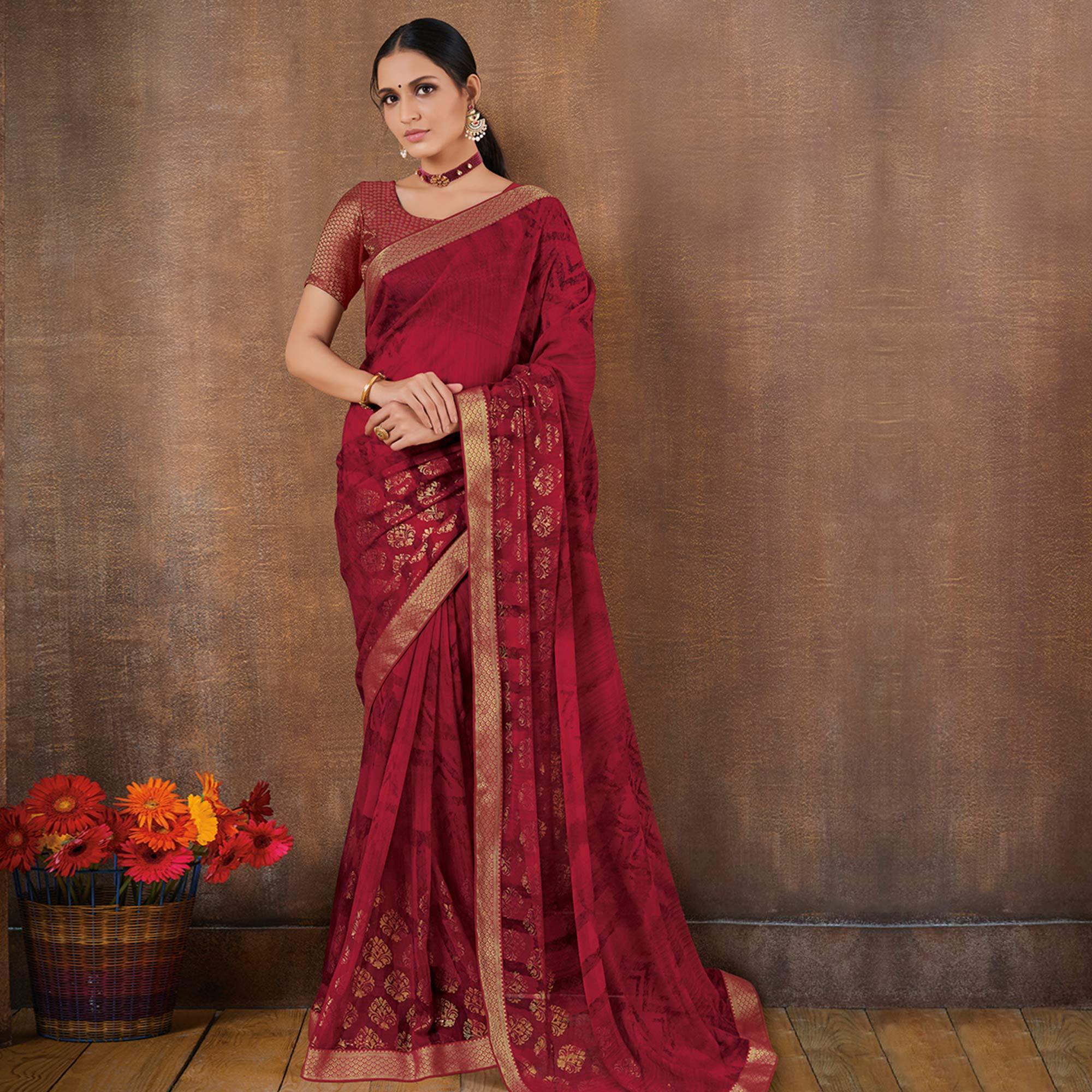 Amazing Magenta Pink Colored Festive Wear Foil Printed Georgette Saree - Peachmode